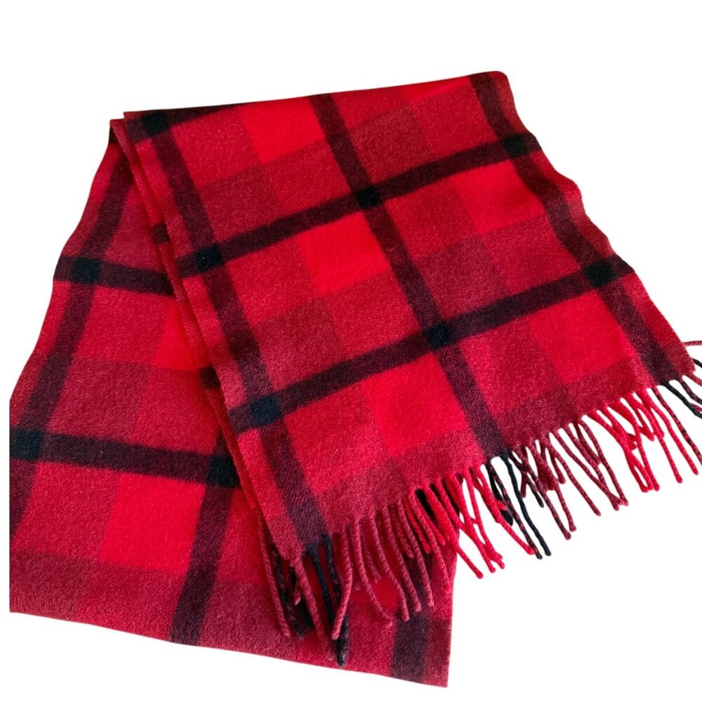 Louisa Perini Cashmere Fringed Scarf Red Buffalo Plaid